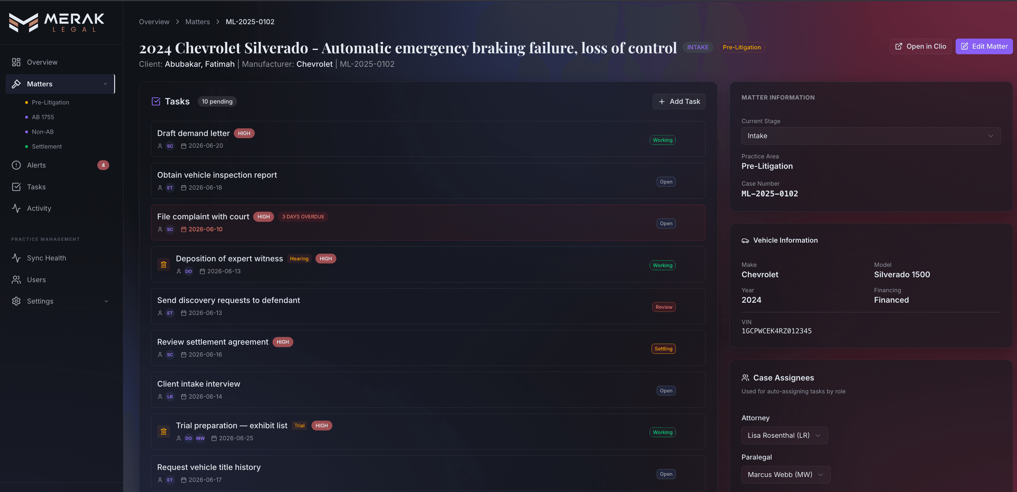 Individual matter view with task list and case details